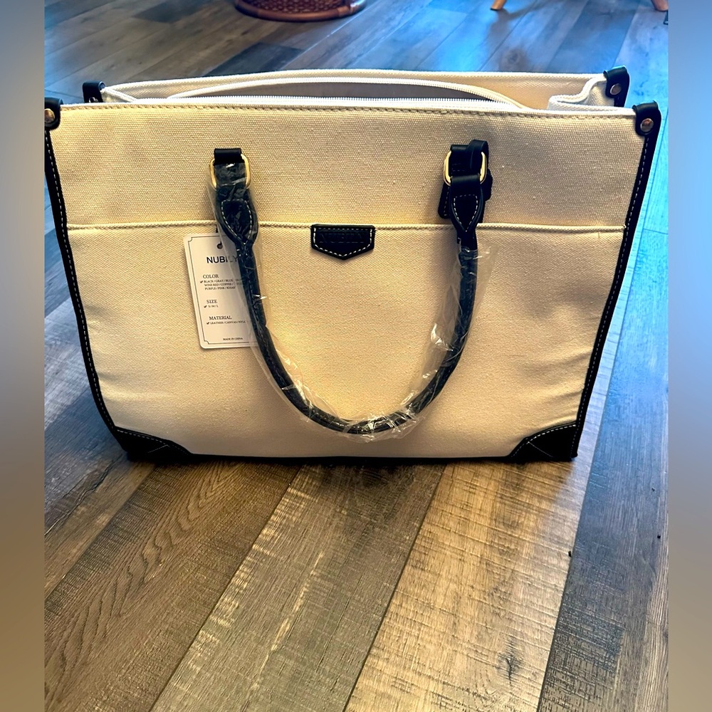 Nubily Laptop Briefcase Business Tote Bag Cream Canvas Leather Trim